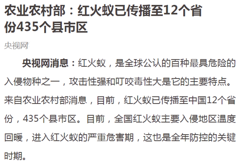 日前"红火蚁入侵我国12个省份"的新闻引起社会关注.